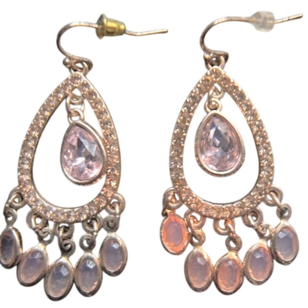 Rose Gold Tone Pink Crystal Teardrop Chandelier Dangle Earrings Pavé‎ Accent 2"